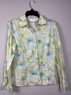 Liz Claiborne Floral Button Down Blouse Pastel Long Sleeve Top Size Small Aqua